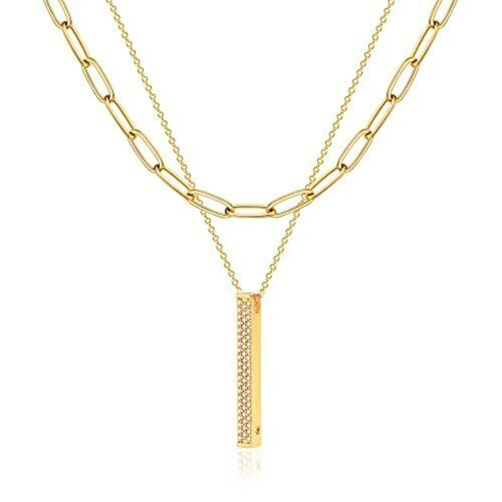9220 Gold Layered Choker Necklace , 18K Gold Plated Dainty CZ 3D Vertical